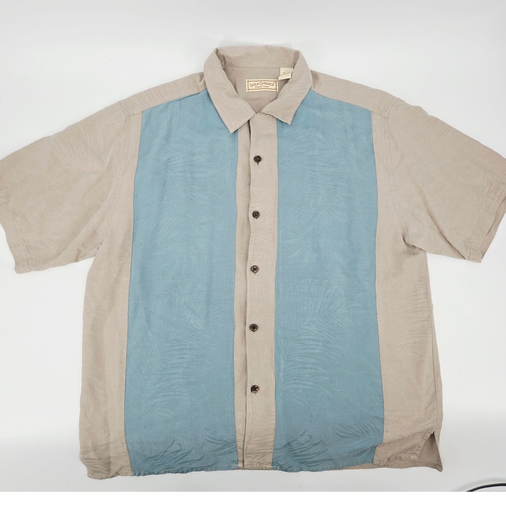 Boca Classics 100% Silk Blue Beige Palm Embroidered Bowling Shirt Large Vintage